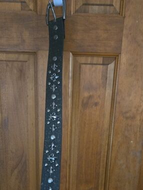 Black Studded Fleur-de-Lis Leather Belt